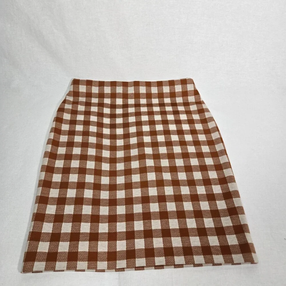 ACADEMIA - SIREN Brown & Beige Checkered Ponte Knit Pencil Mini Skirt PETITE XSP - Picture 7 of 16